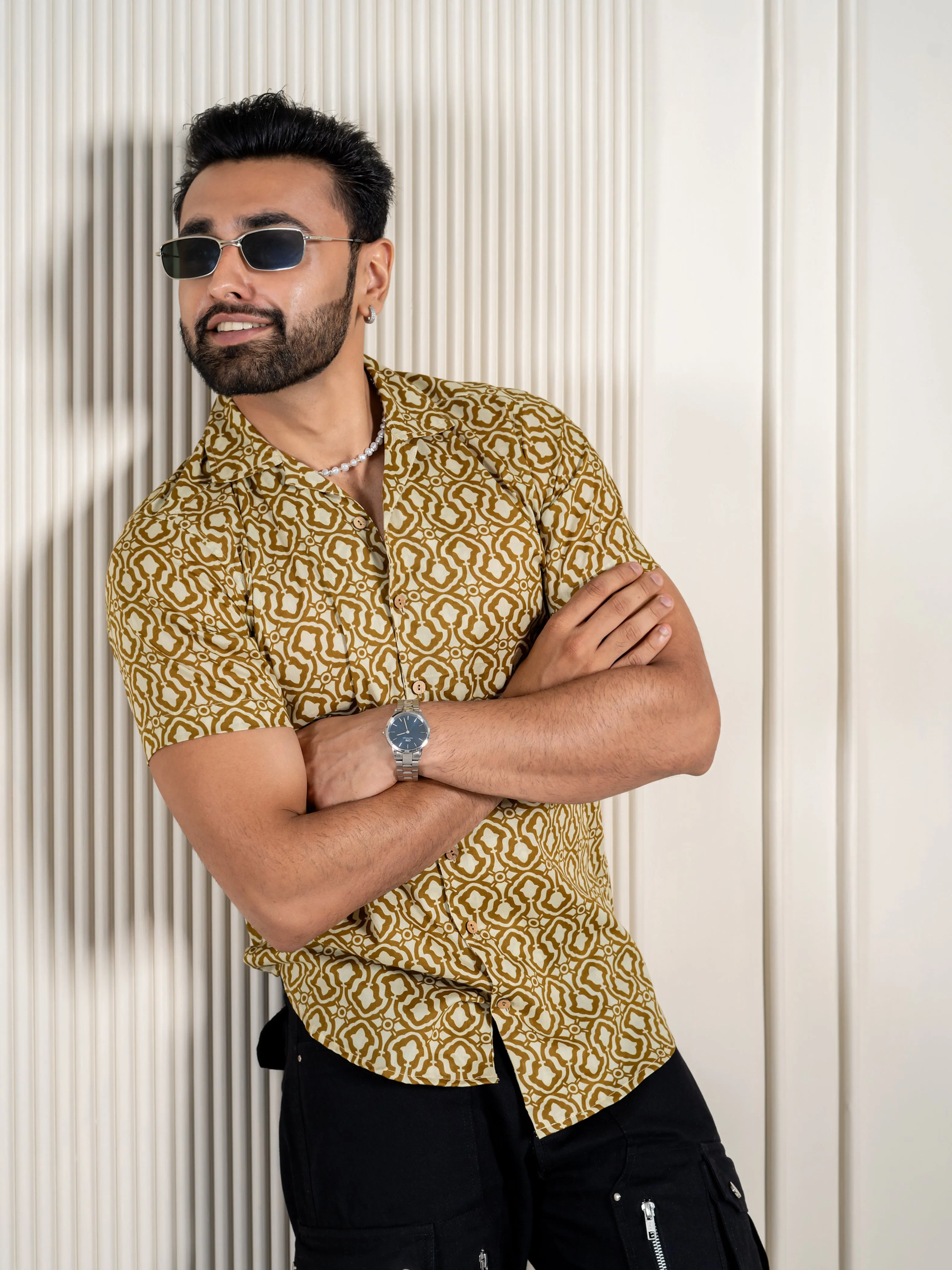 Firangi Yarn Jaipuri Printed  Beach Cuban Collar Casual Shirt Green Geomatry