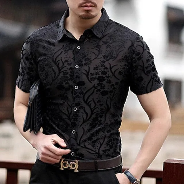 Floral Velvet Transparent Short Sleeve Velvet Shirt