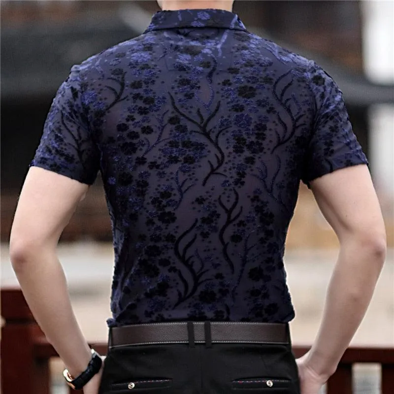 Floral Velvet Transparent Short Sleeve Velvet Shirt
