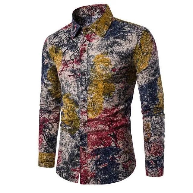 Flower Print Mens Dress Shirts Summer New Casual Hawaii Male Shirt camisa masculina