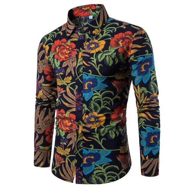 Flower Print Mens Dress Shirts Summer New Casual Hawaii Male Shirt camisa masculina