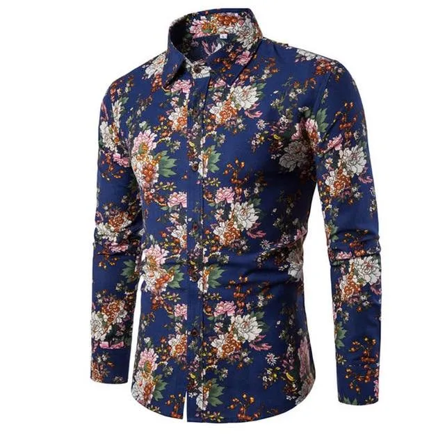Flower Print Mens Dress Shirts Summer New Casual Hawaii Male Shirt camisa masculina