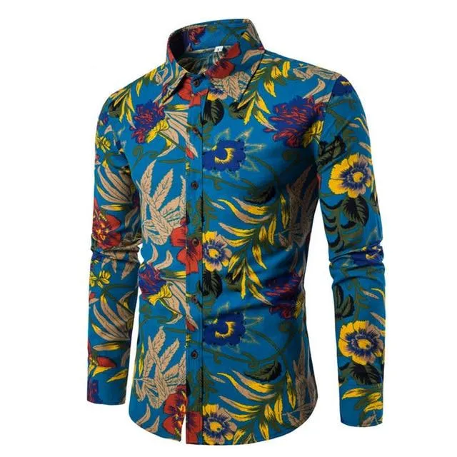Flower Print Mens Dress Shirts Summer New Casual Hawaii Male Shirt camisa masculina