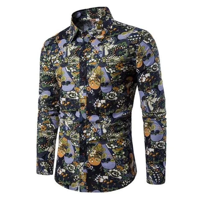 Flower Print Mens Dress Shirts Summer New Casual Hawaii Male Shirt camisa masculina