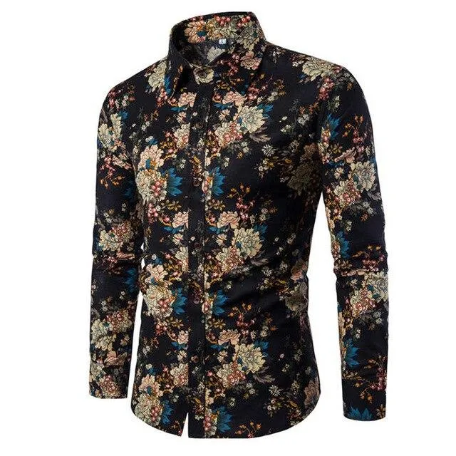 Flower Print Mens Dress Shirts Summer New Casual Hawaii Male Shirt camisa masculina