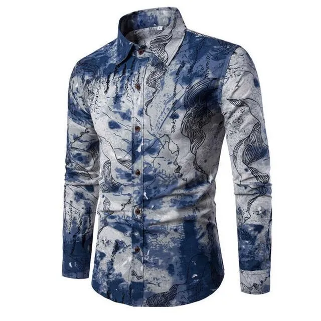 Flower Print Mens Dress Shirts Summer New Casual Hawaii Male Shirt camisa masculina
