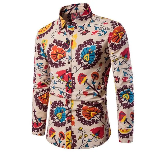 Flower Print Mens Dress Shirts Summer New Casual Hawaii Male Shirt camisa masculina