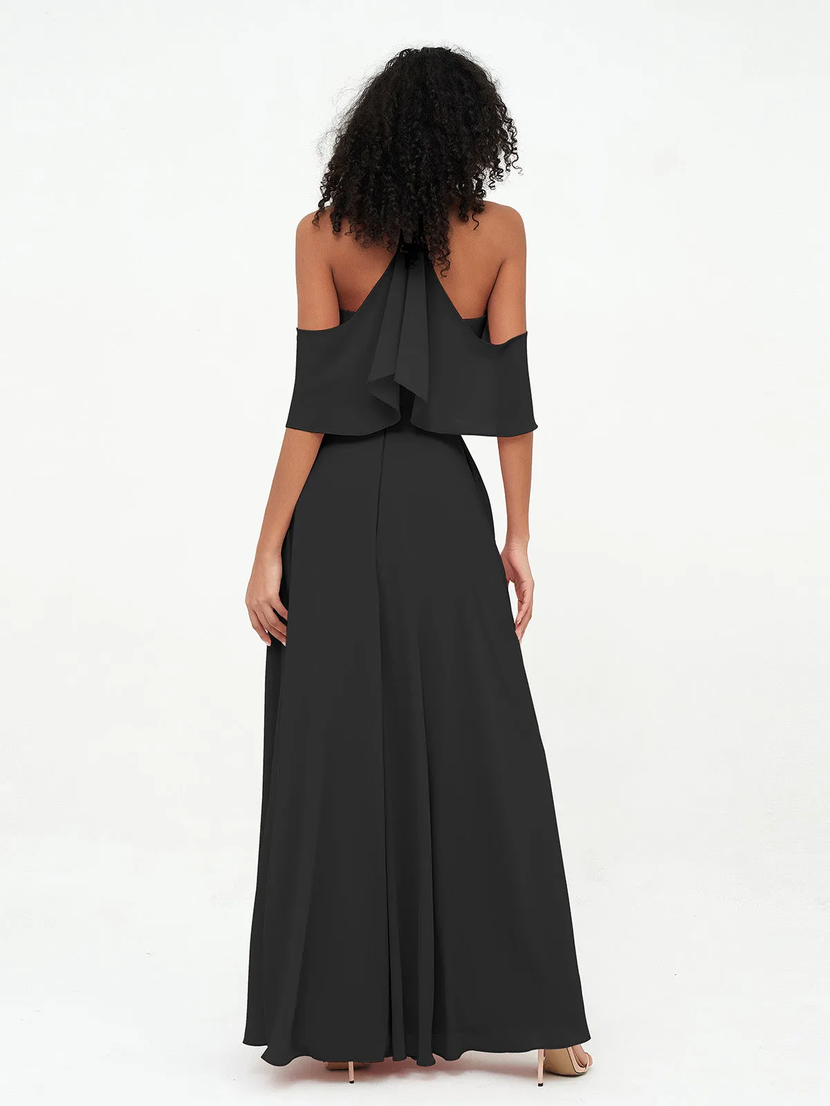 Halter Off the Shoulder Max Dresses with Pockets-Black