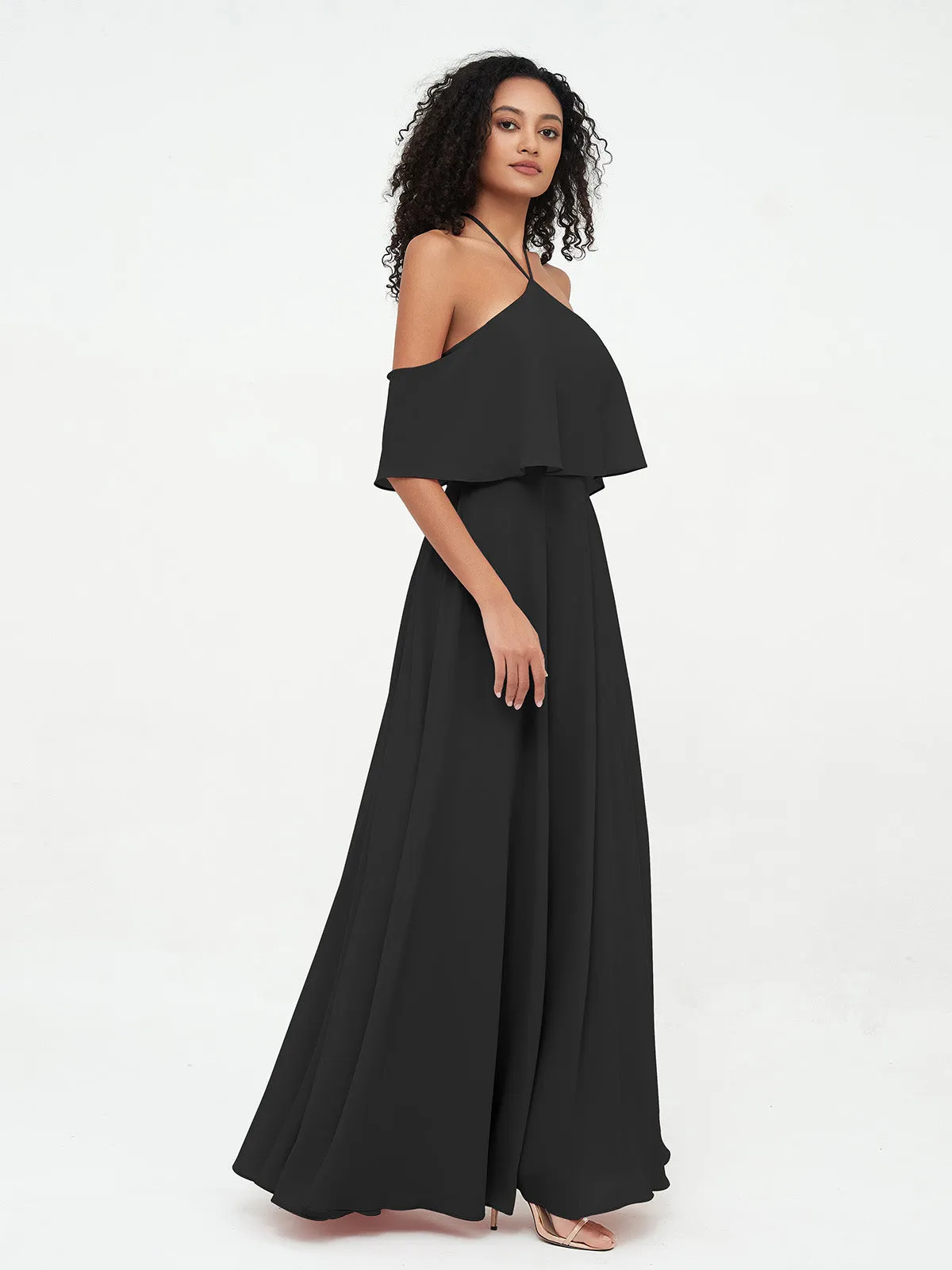 Halter Off the Shoulder Max Dresses with Pockets-Black