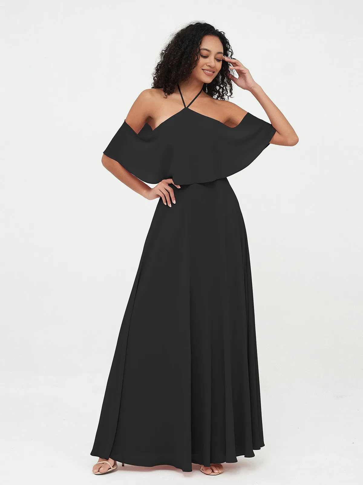 Halter Off the Shoulder Max Dresses with Pockets-Black