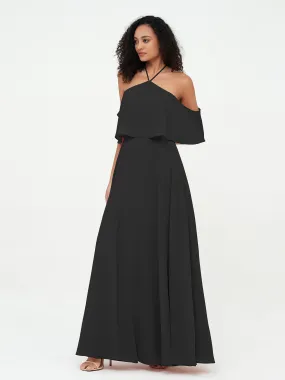 Halter Off the Shoulder Max Dresses with Pockets-Black