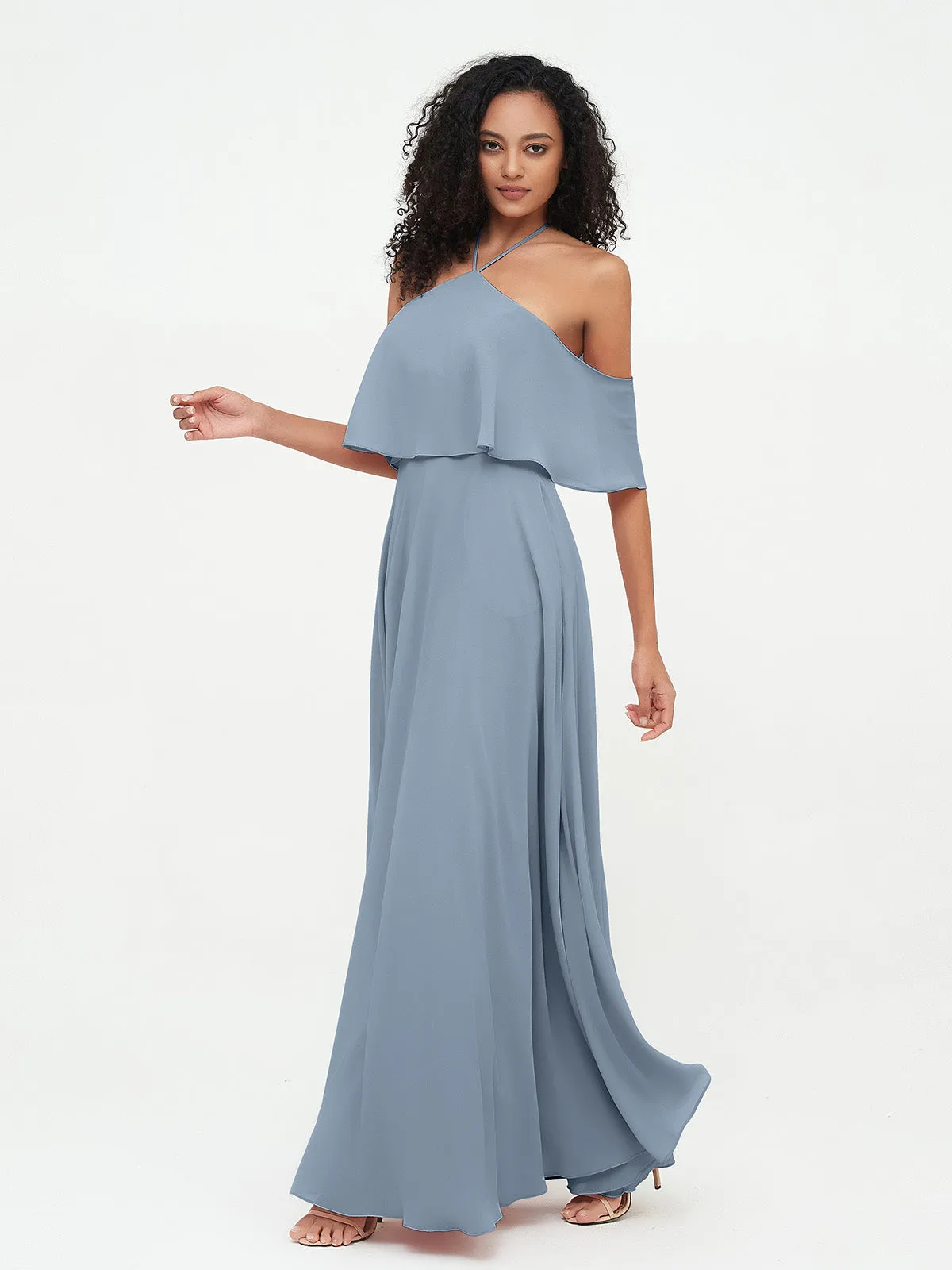 Halter Off the Shoulder Max Dresses with Pockets-Dusty Blue Plus Size