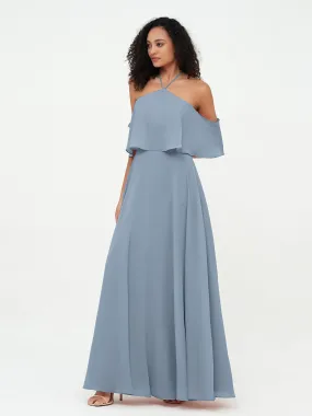 Halter Off the Shoulder Max Dresses with Pockets-Dusty Blue Plus Size