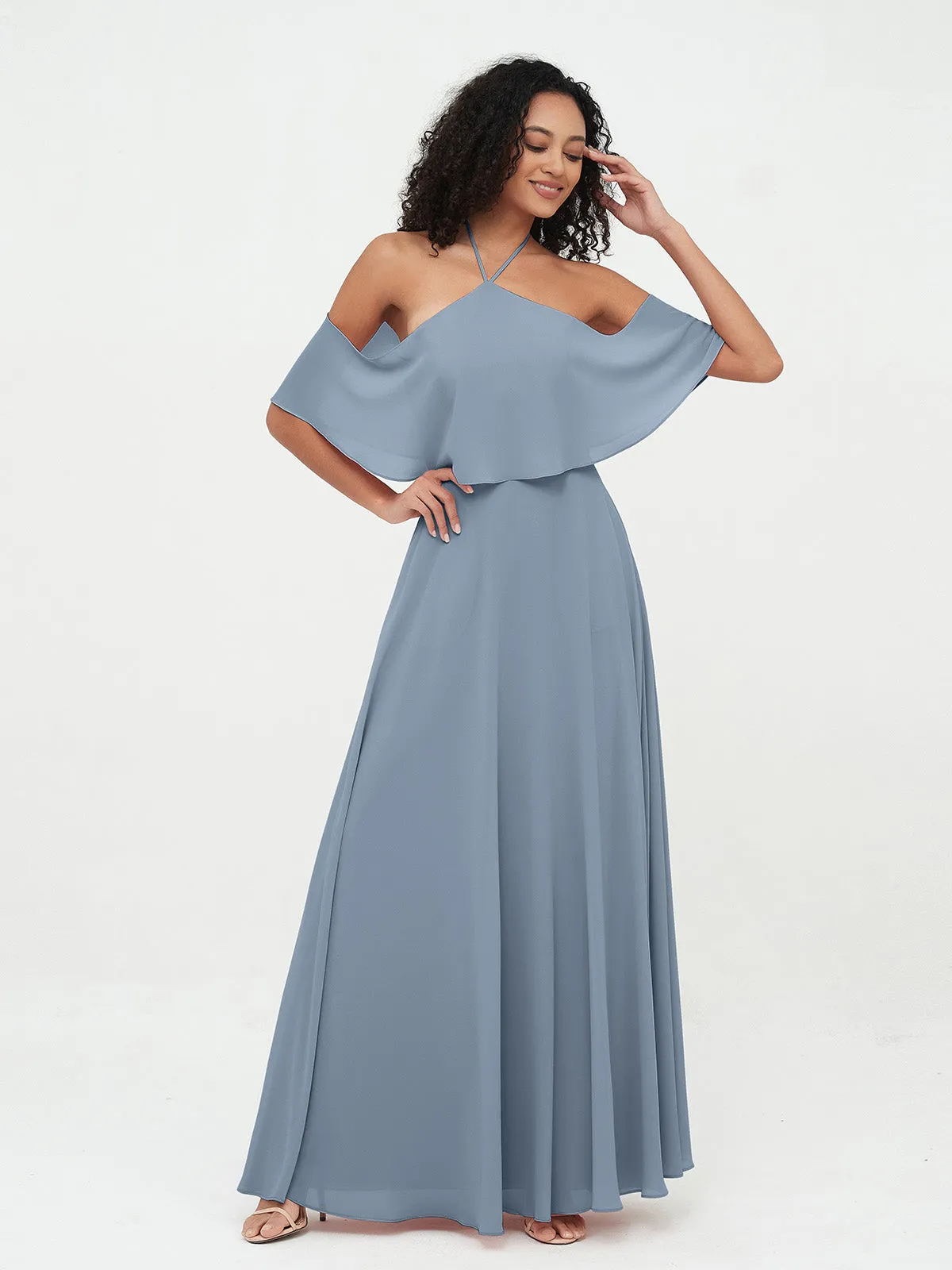 Halter Off the Shoulder Max Dresses with Pockets-Dusty Blue Plus Size