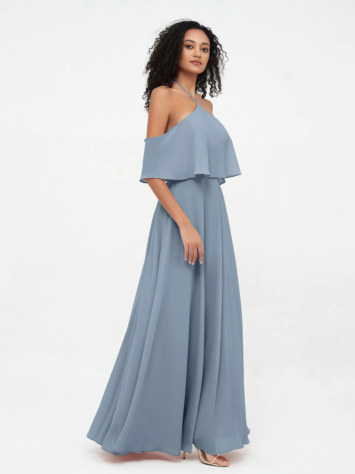 Halter Off the Shoulder Max Dresses with Pockets-Dusty Blue Plus Size