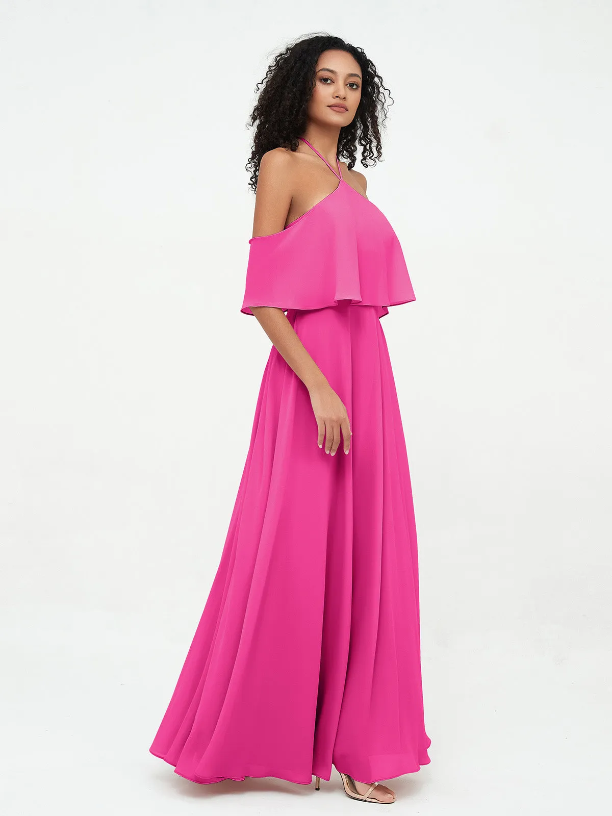 Halter Off the Shoulder Max Dresses with Pockets-Fuchsia