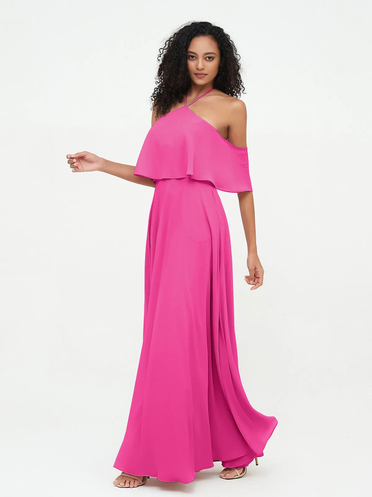 Halter Off the Shoulder Max Dresses with Pockets-Fuchsia