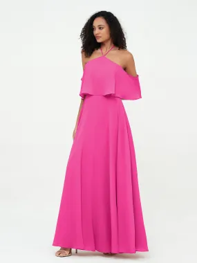Halter Off the Shoulder Max Dresses with Pockets-Fuchsia