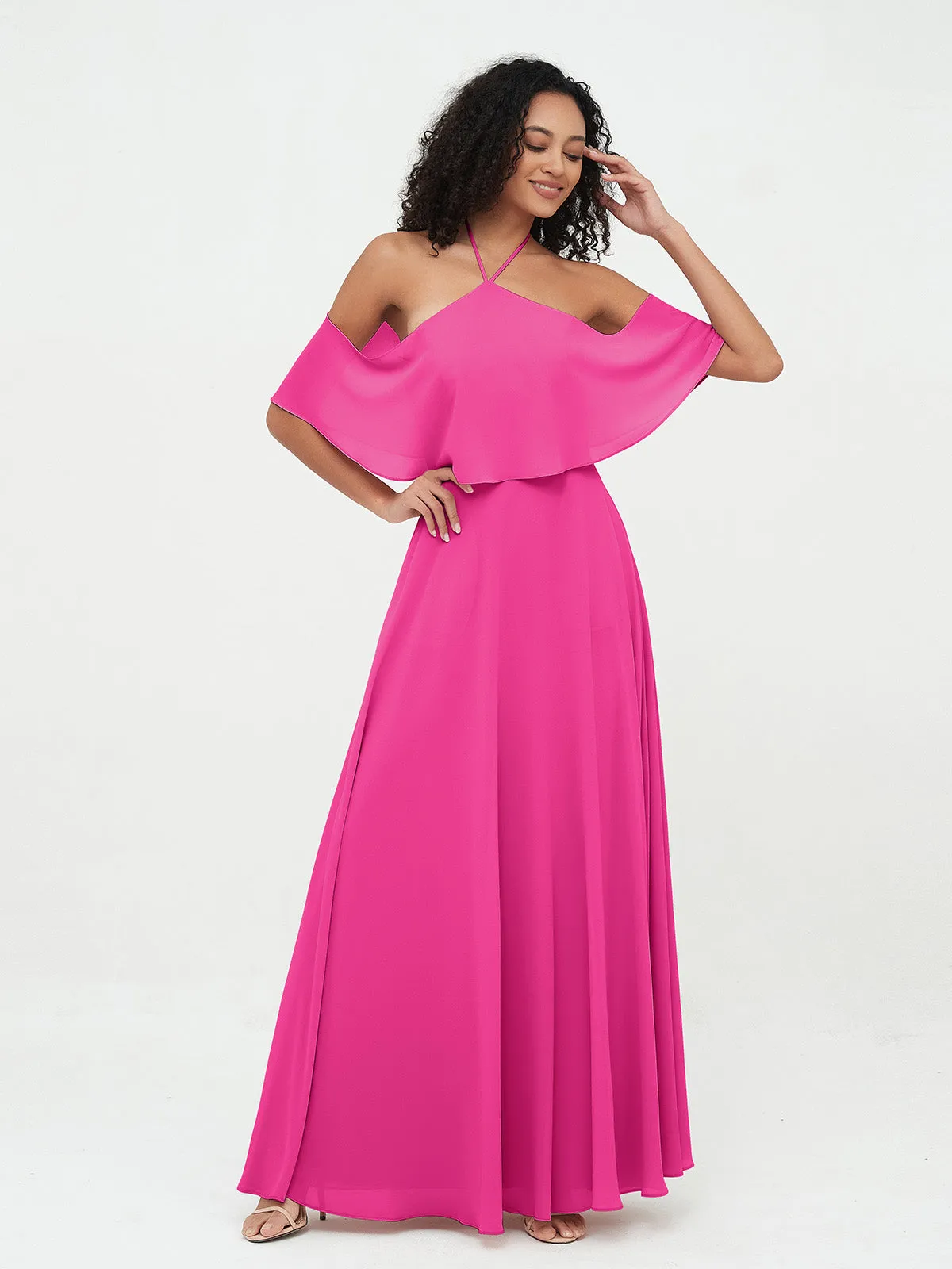 Halter Off the Shoulder Max Dresses with Pockets-Fuchsia