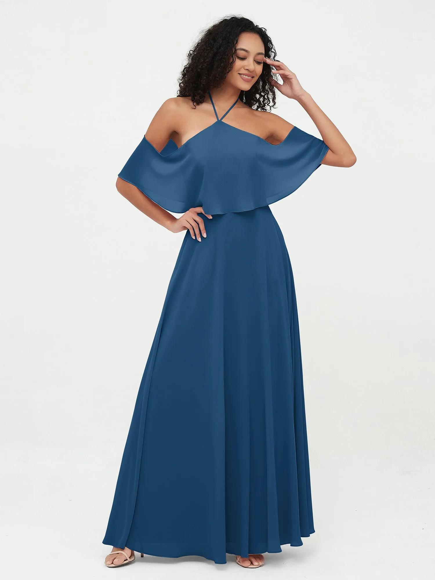 Halter Off the Shoulder Max Dresses with Pockets-Ink Blue