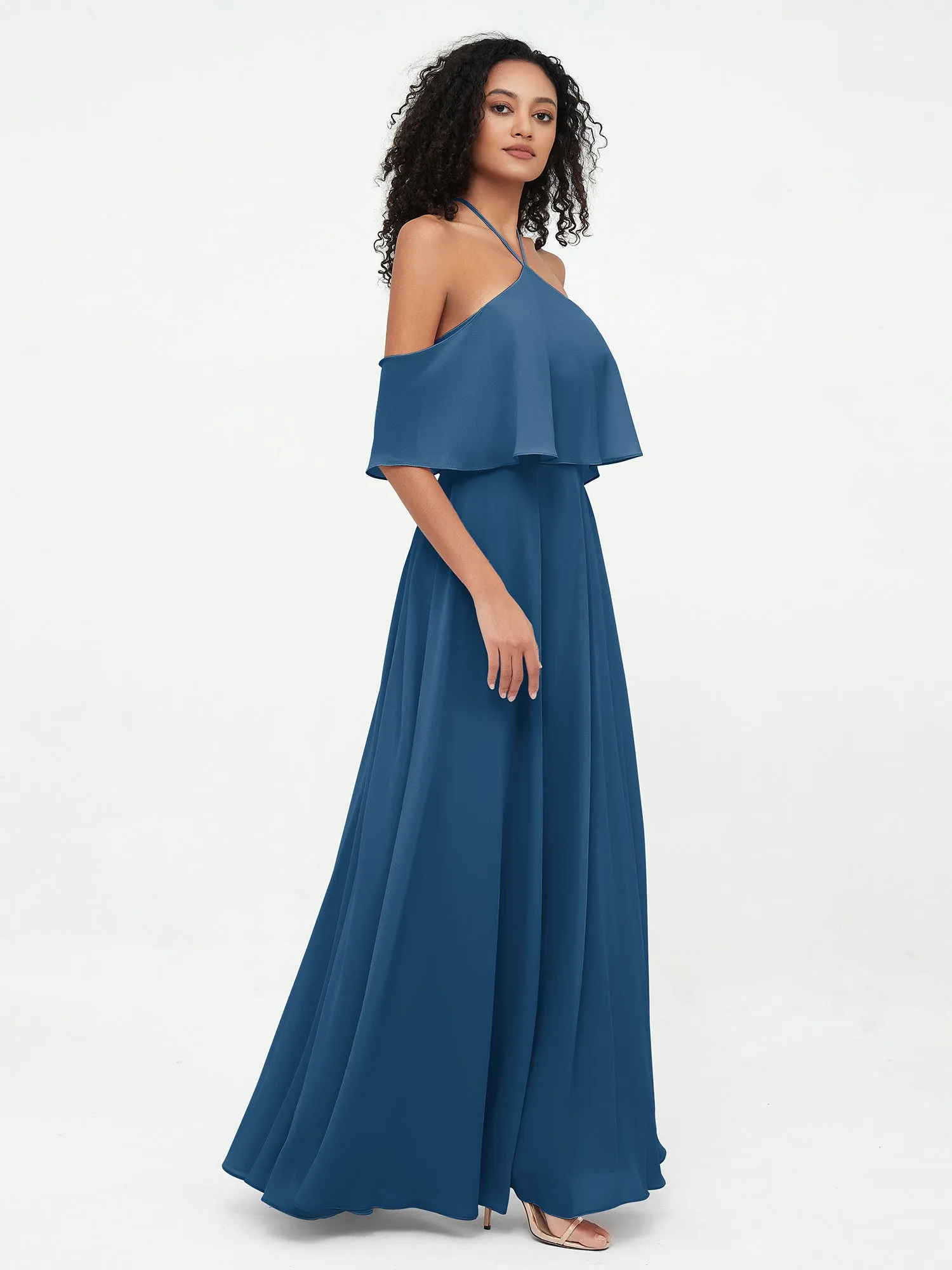 Halter Off the Shoulder Max Dresses with Pockets-Ink Blue