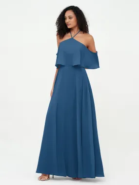 Halter Off the Shoulder Max Dresses with Pockets-Ink Blue