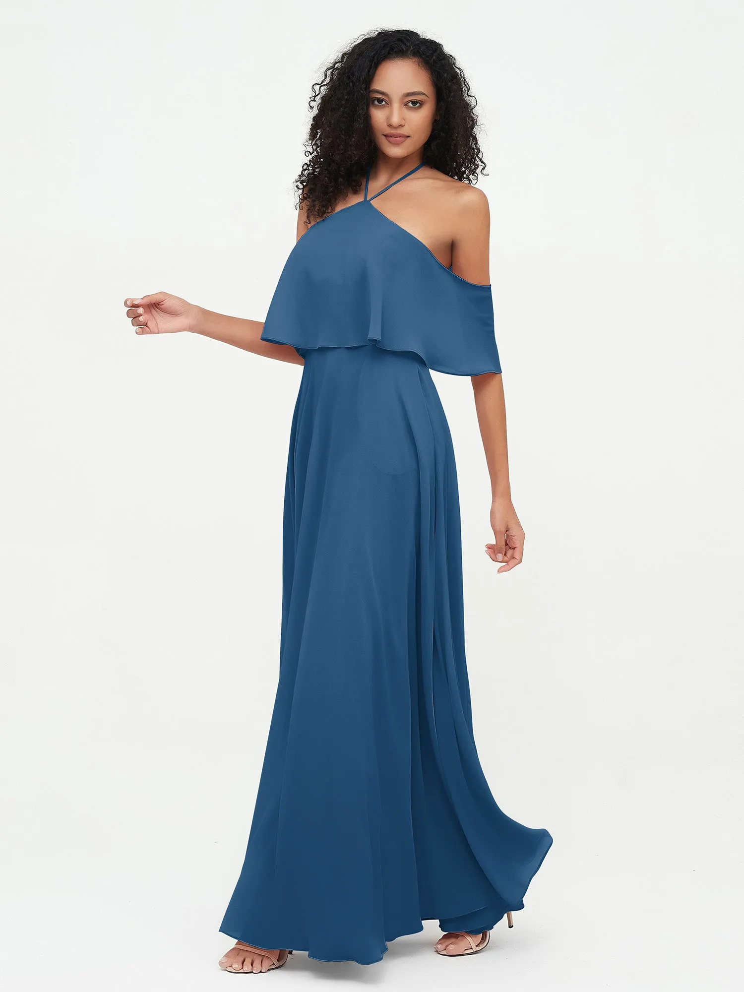 Halter Off the Shoulder Max Dresses with Pockets-Ink Blue