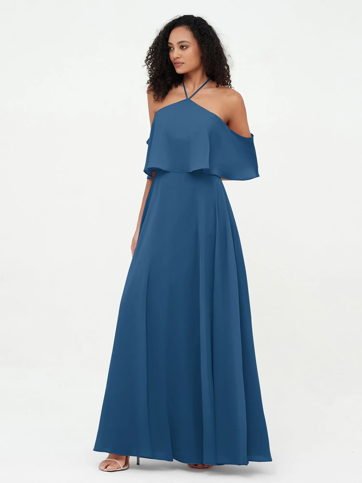 Halter Off the Shoulder Max Dresses with Pockets-Ink Blue