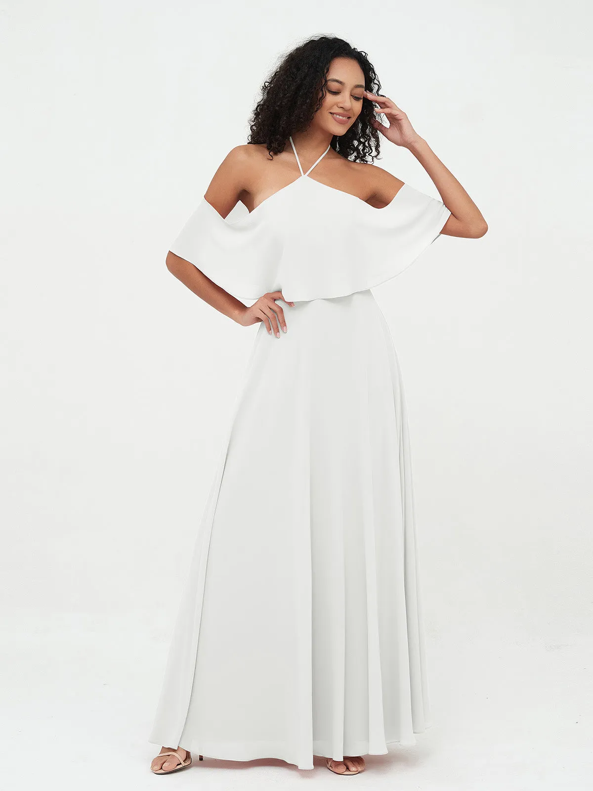 Halter Off the Shoulder Max Dresses with Pockets-Ivory