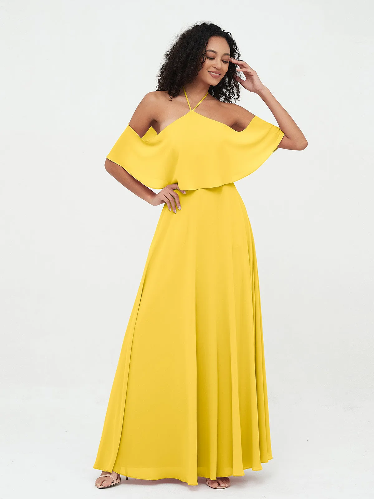 Halter Off the Shoulder Max Dresses with Pockets-Marigold