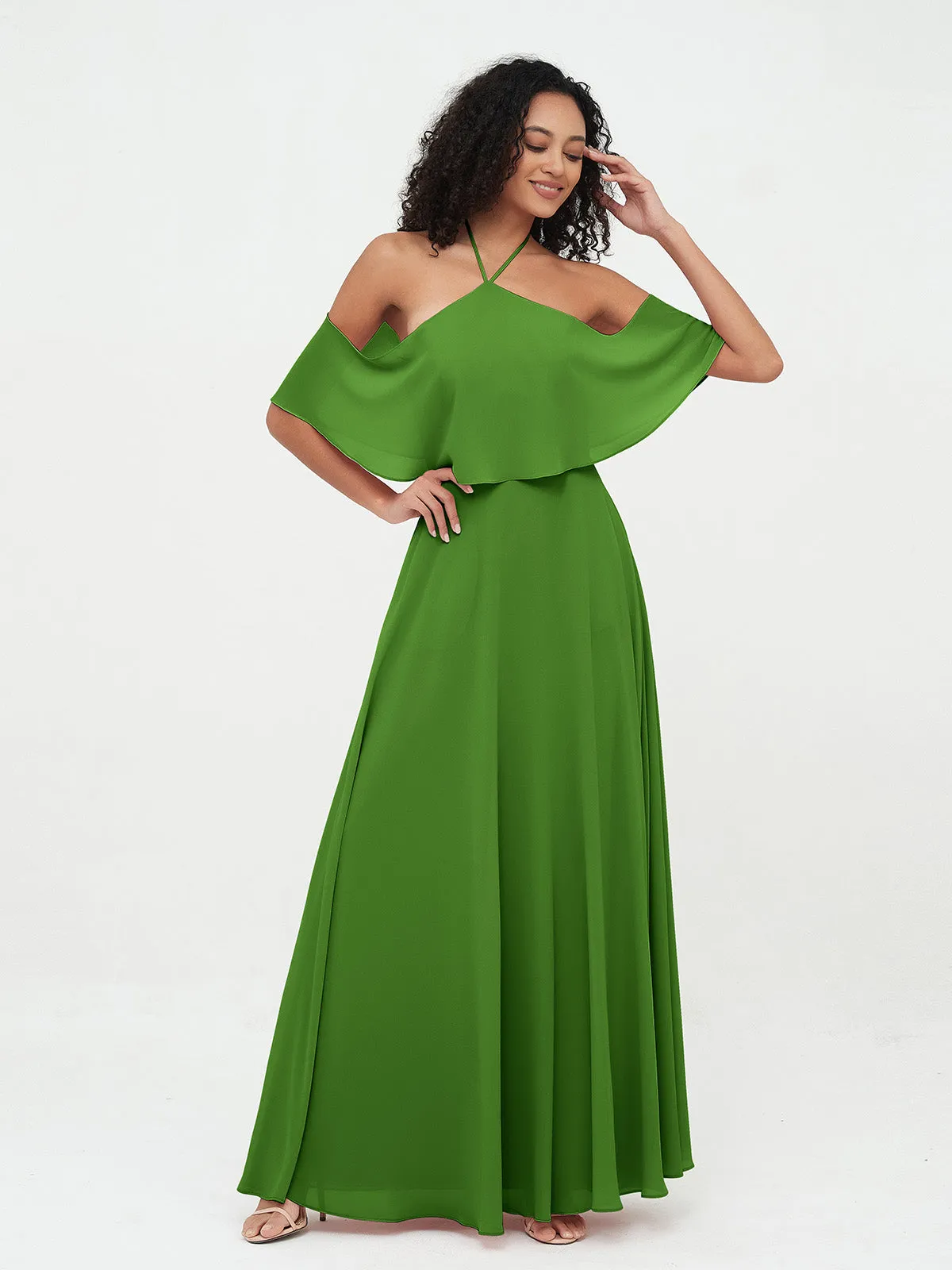 Halter Off the Shoulder Max Dresses with Pockets-Moss Plus Size