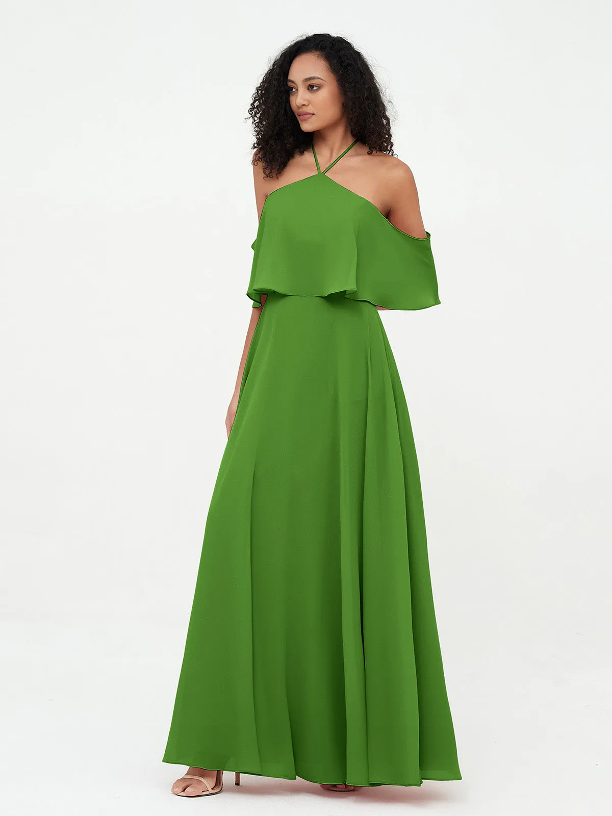 Halter Off the Shoulder Max Dresses with Pockets-Moss Plus Size