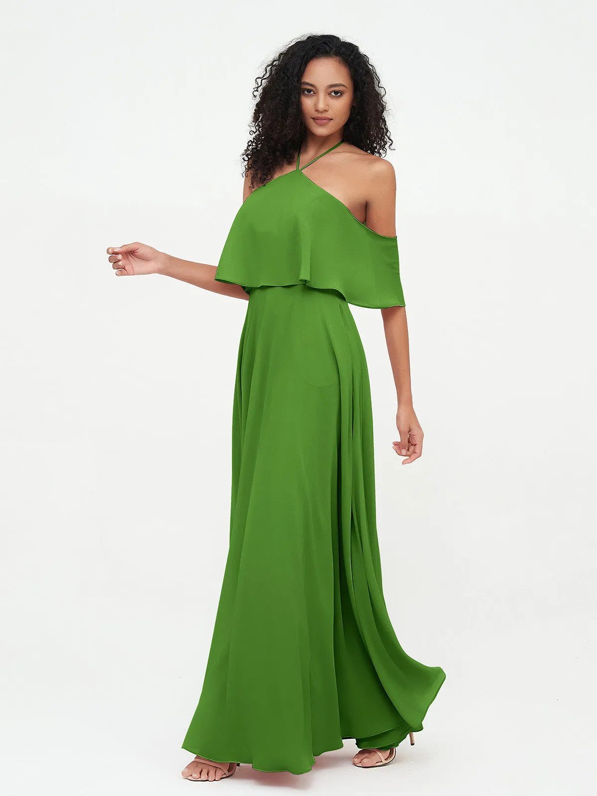 Halter Off the Shoulder Max Dresses with Pockets-Moss Plus Size
