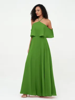 Halter Off the Shoulder Max Dresses with Pockets-Moss Plus Size