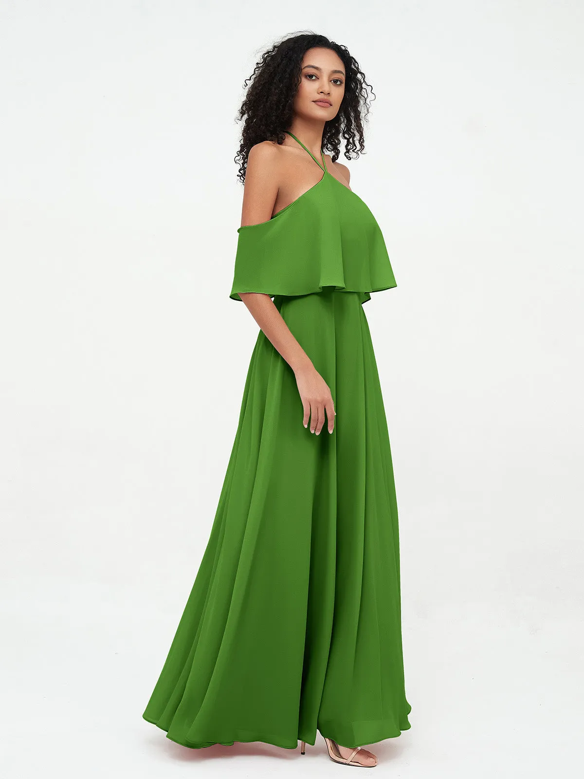 Halter Off the Shoulder Max Dresses with Pockets-Moss Plus Size