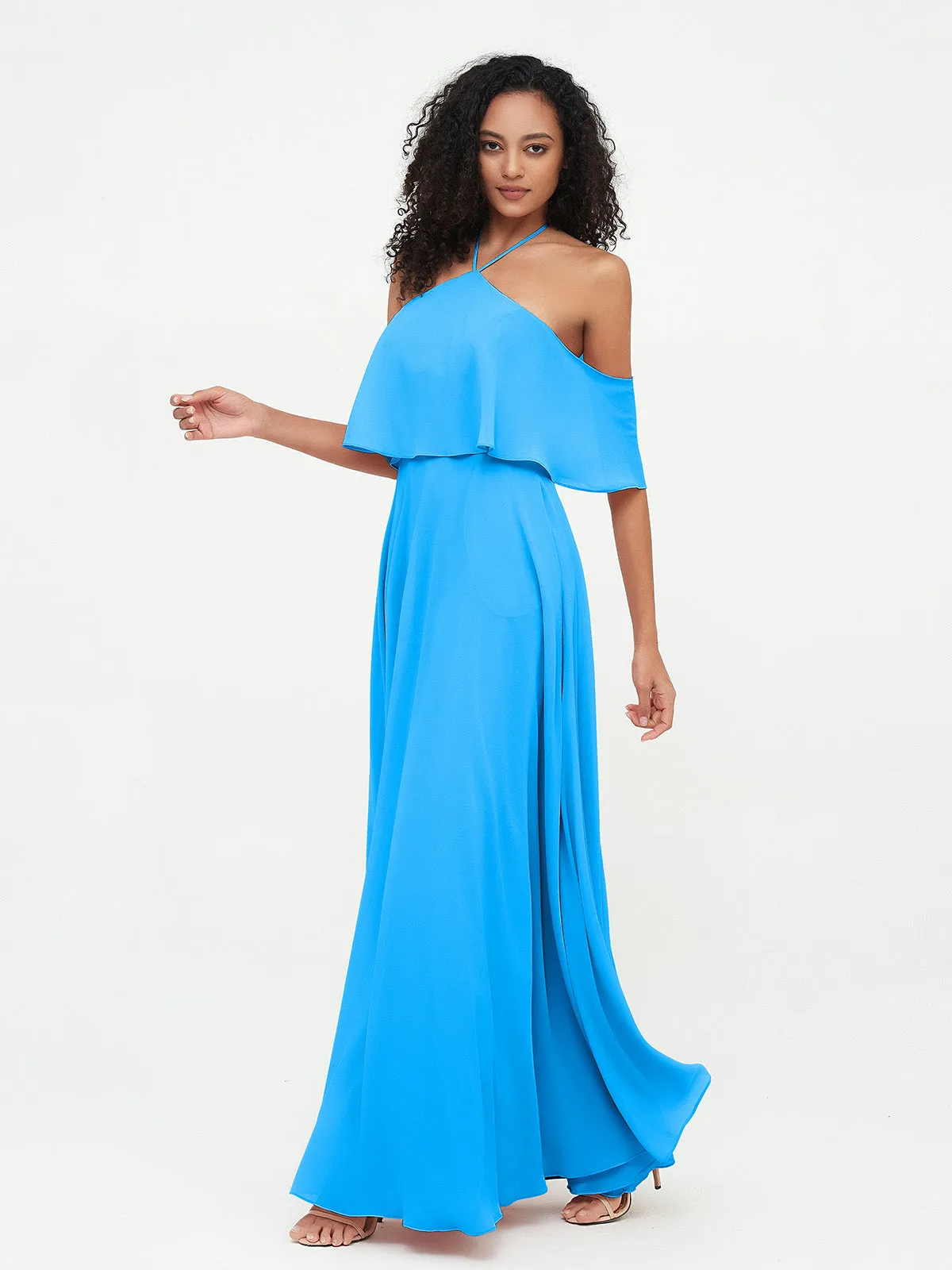 Halter Off the Shoulder Max Dresses with Pockets-Ocean Blue Plus Size