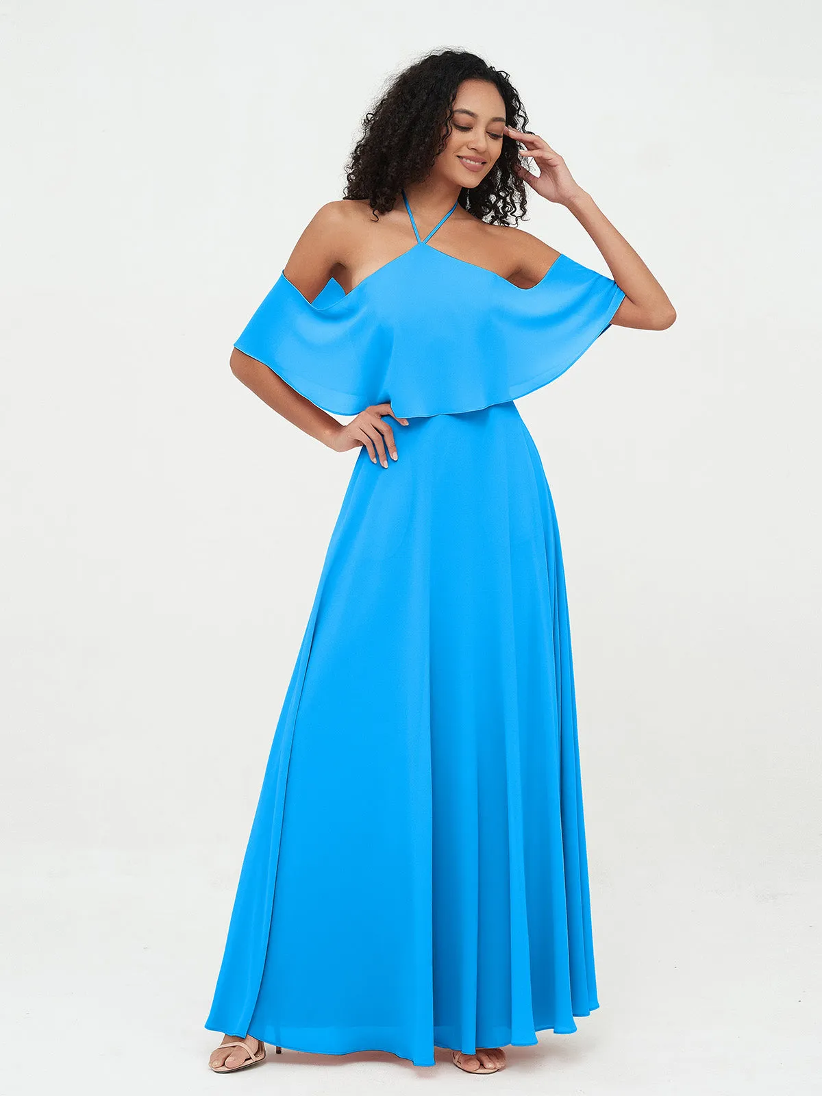 Halter Off the Shoulder Max Dresses with Pockets-Ocean Blue Plus Size