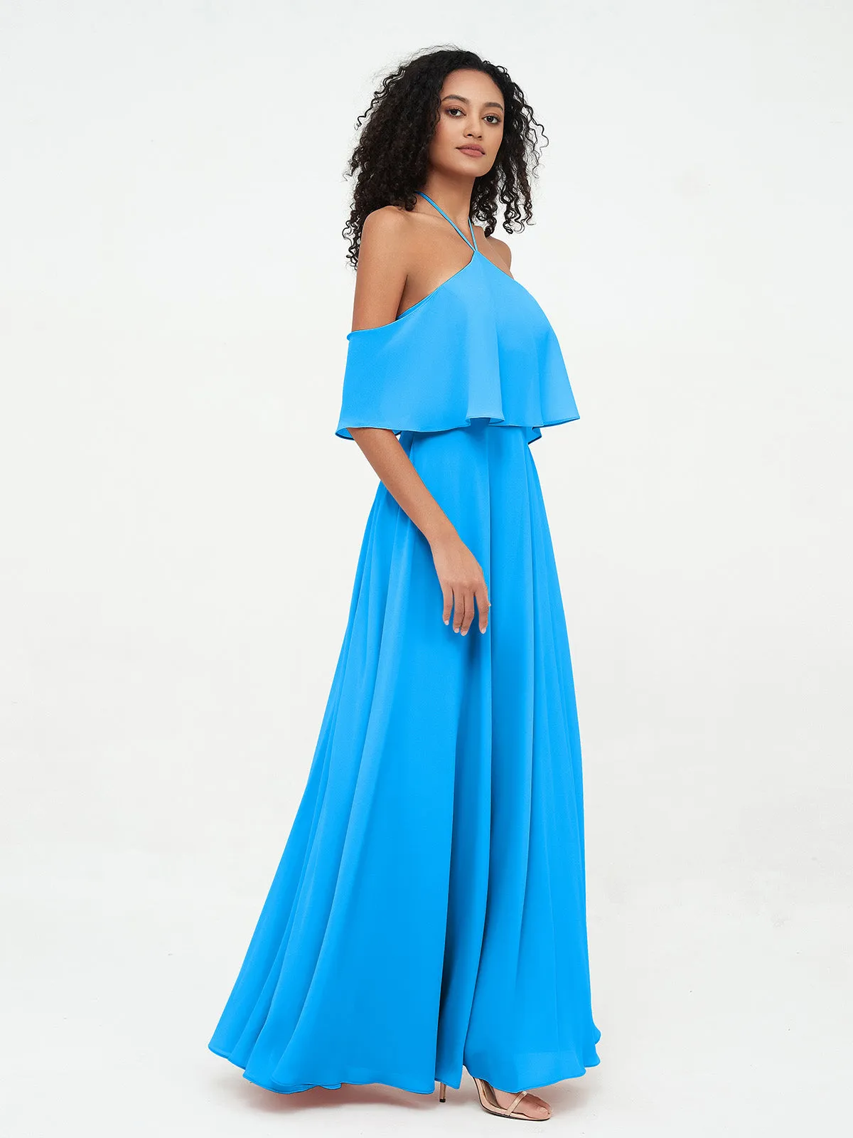 Halter Off the Shoulder Max Dresses with Pockets-Ocean Blue Plus Size