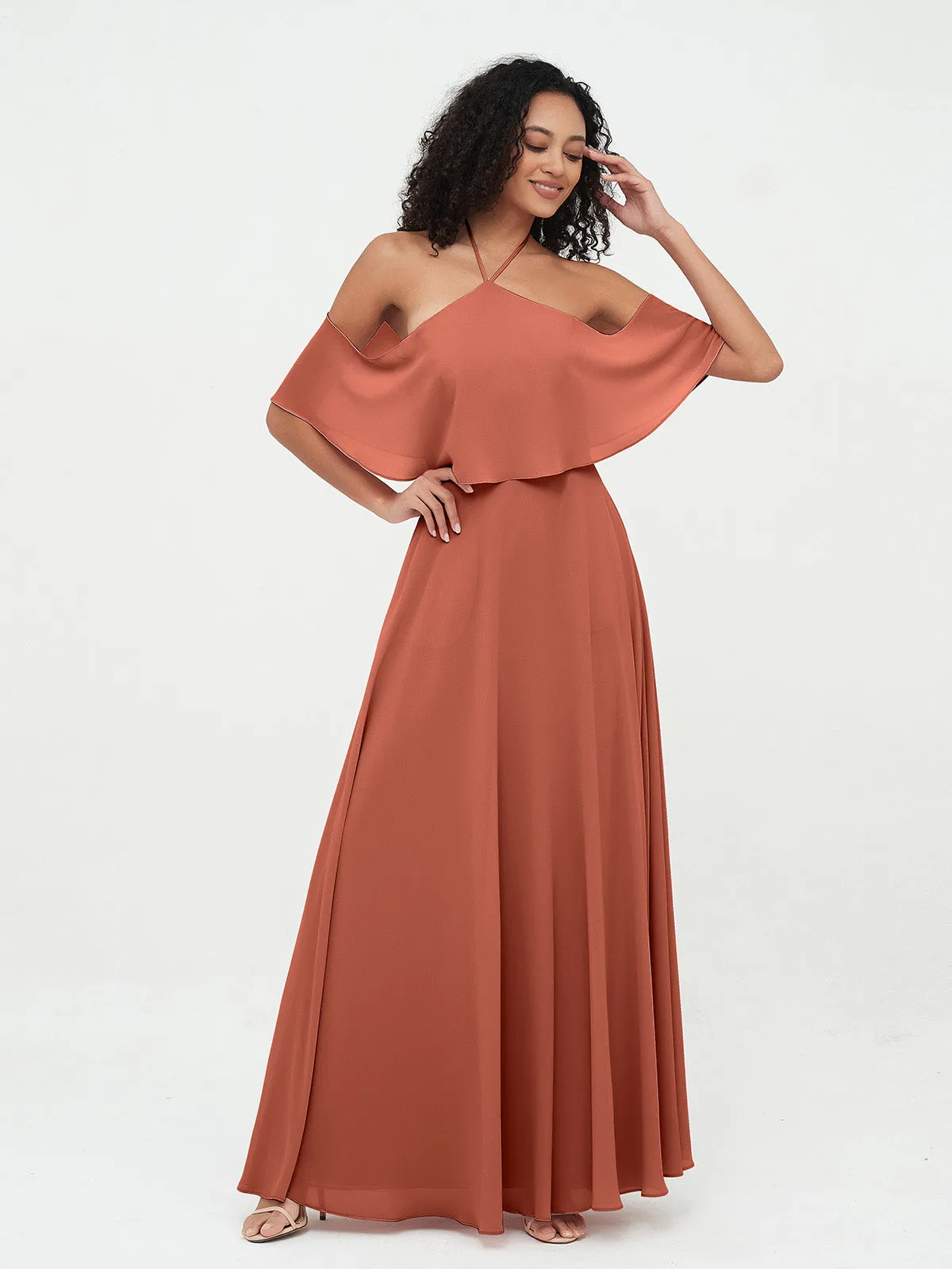 Halter Off the Shoulder Max Dresses with Pockets-Rust Plus Size