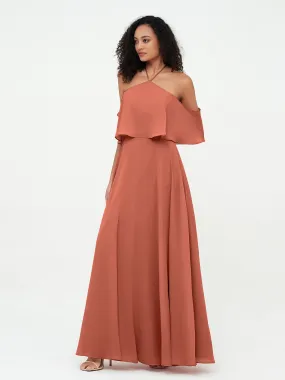 Halter Off the Shoulder Max Dresses with Pockets-Rust Plus Size