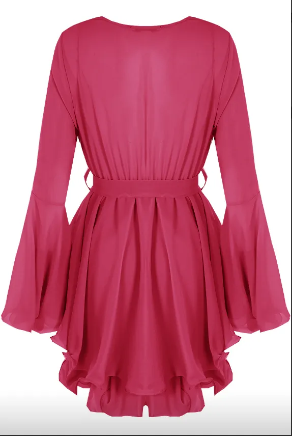 Hanella - Hot Pink Chiffon Belted Skater Dress