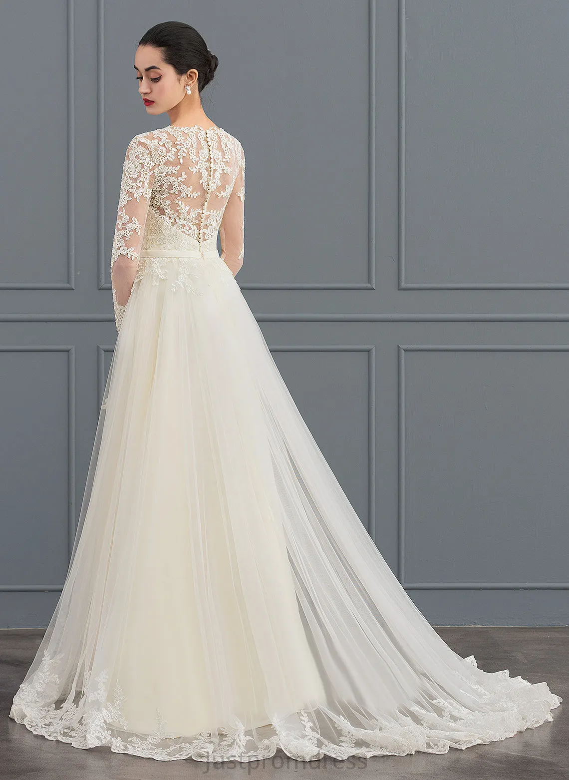Kelsey Train Ball-Gown/Princess V-neck Dress Wedding Dresses Tulle Wedding Lace Sweep