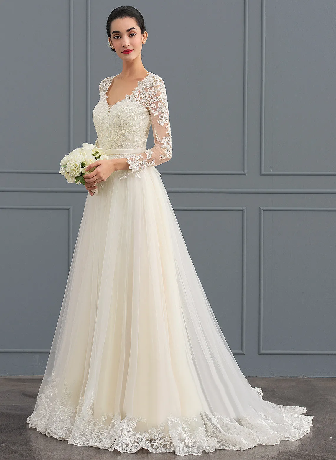 Kelsey Train Ball-Gown/Princess V-neck Dress Wedding Dresses Tulle Wedding Lace Sweep