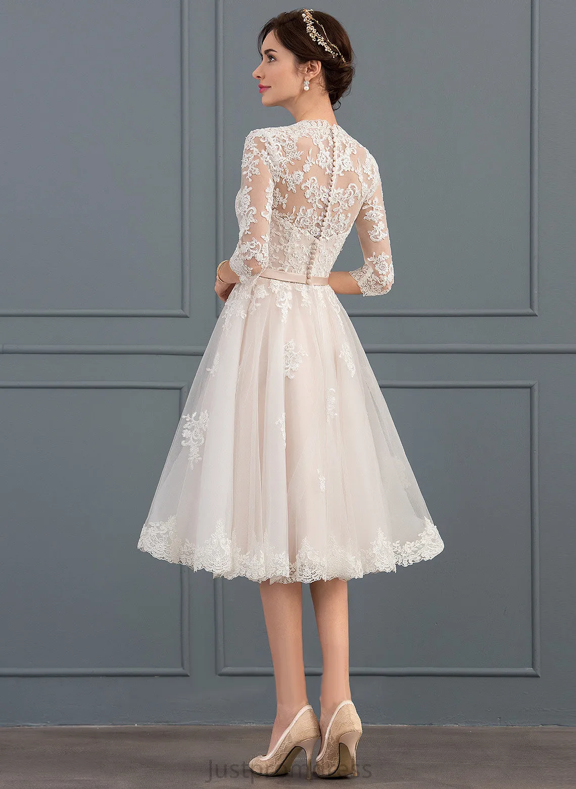 Lace With V-neck Dress Bow(s) Knee-Length A-Line Karly Wedding Wedding Dresses Tulle