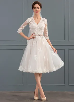 Lace With V-neck Dress Bow(s) Knee-Length A-Line Karly Wedding Wedding Dresses Tulle