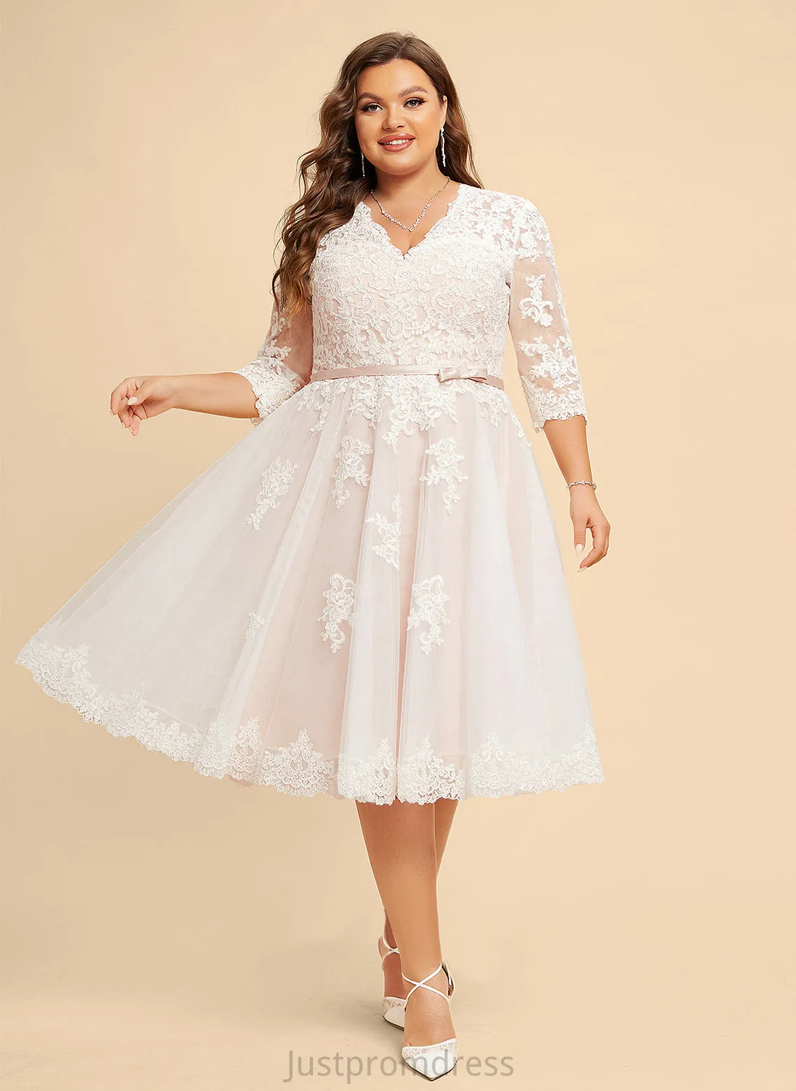 Lace With V-neck Dress Bow(s) Knee-Length A-Line Karly Wedding Wedding Dresses Tulle