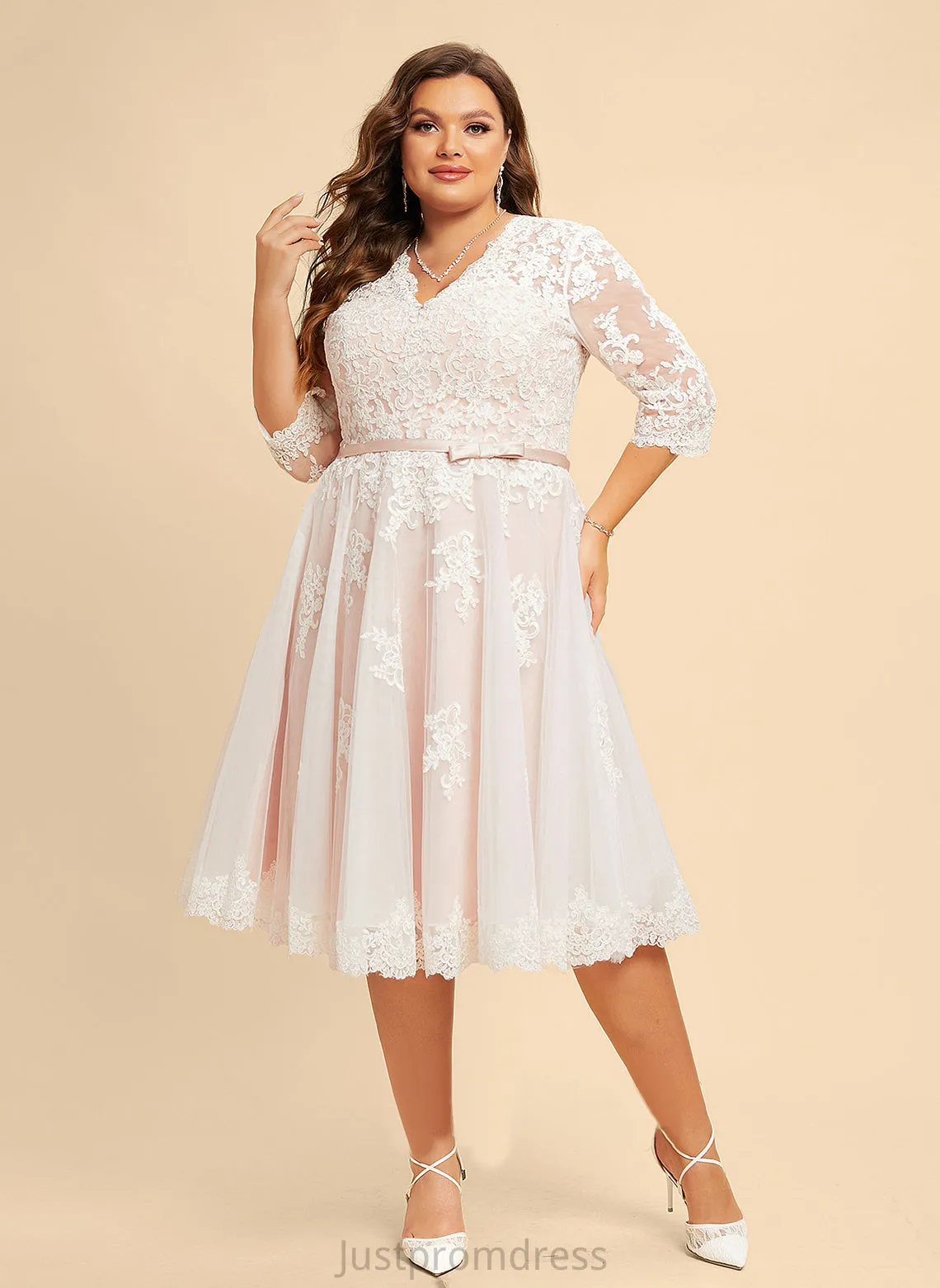Lace With V-neck Dress Bow(s) Knee-Length A-Line Karly Wedding Wedding Dresses Tulle