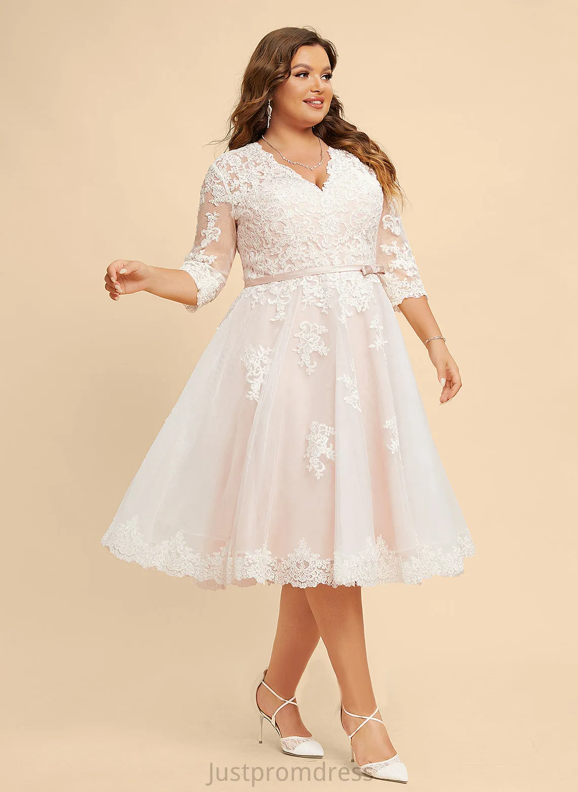 Lace With V-neck Dress Bow(s) Knee-Length A-Line Karly Wedding Wedding Dresses Tulle