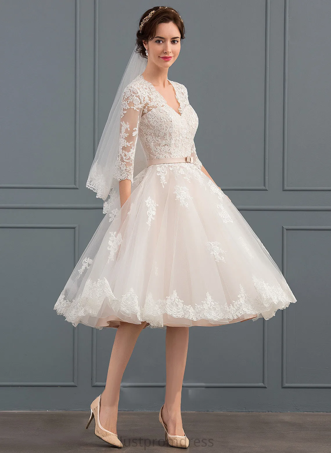 Lace With V-neck Dress Bow(s) Knee-Length A-Line Karly Wedding Wedding Dresses Tulle