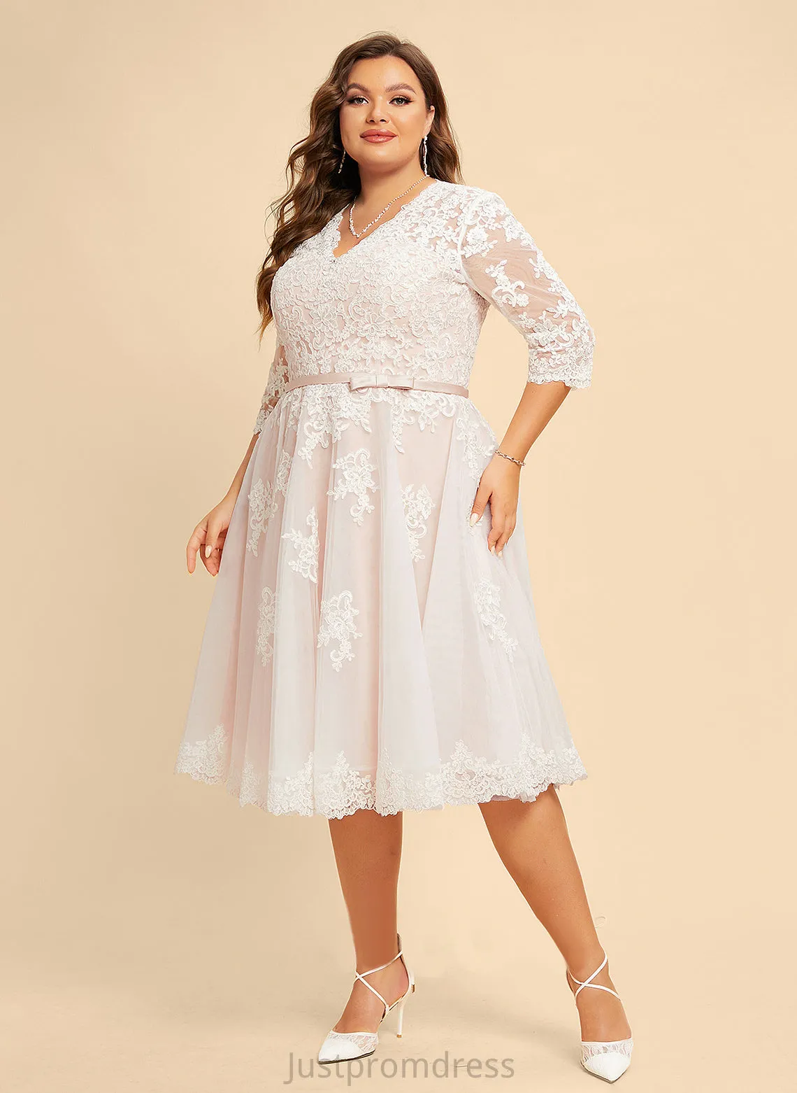 Lace With V-neck Dress Bow(s) Knee-Length A-Line Karly Wedding Wedding Dresses Tulle